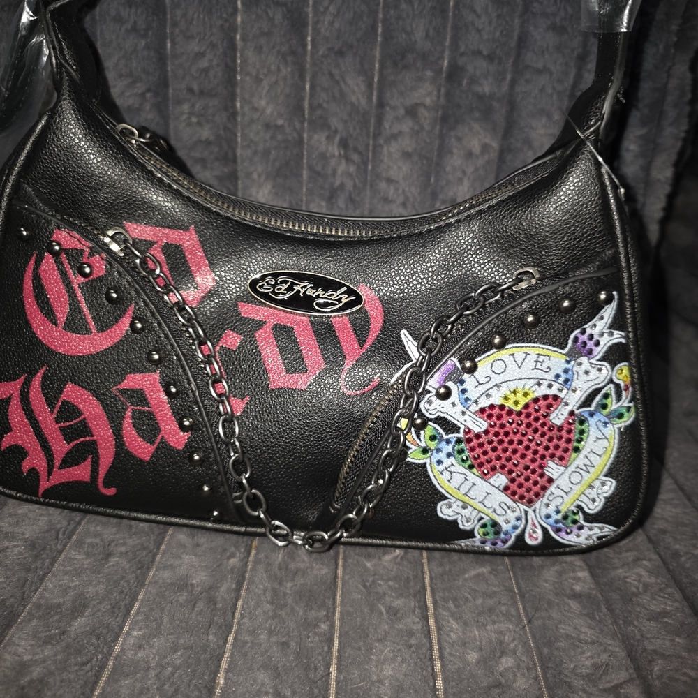 Ed Hardy Black Shoulder Bag with Red and Multicolor Design